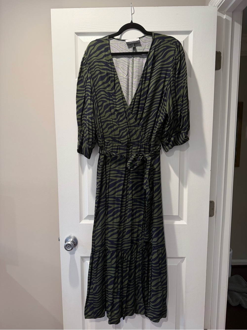 Eloquii Olive Green and Navy Zebra Print Wrap Midi Dress